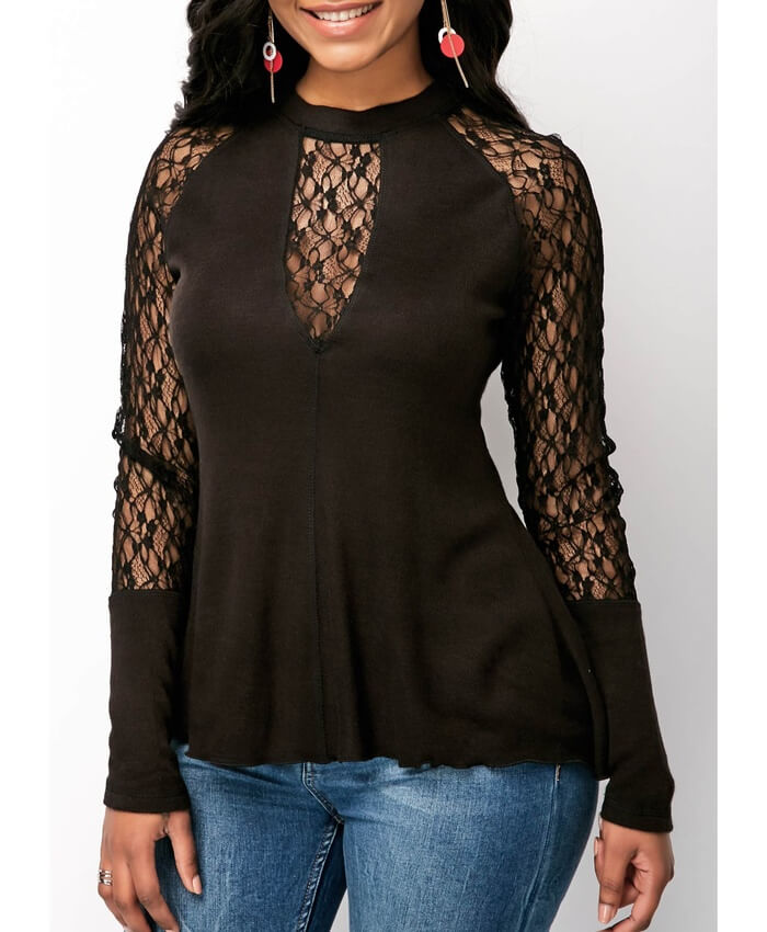 Long Sleeve Mock Neck Lace Panel Blouse